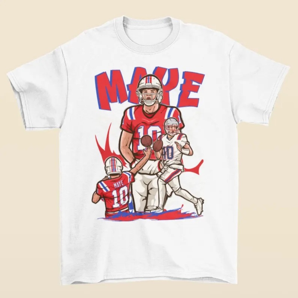 NEW Drake Maye Cartoon Style New England Football T-Shirt